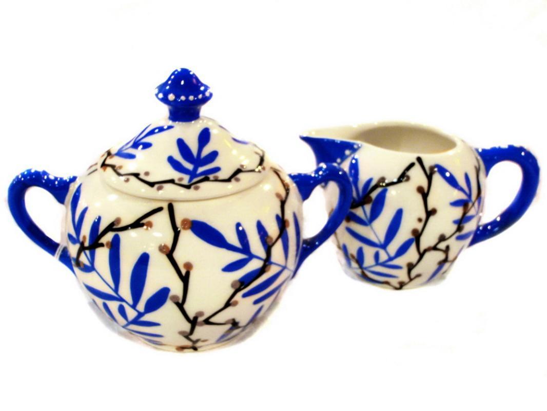Art Deco Czech Bohemian Tea Set Hand Painted Tea Pot, Cream and Covered Sugar