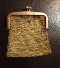 Sg'd Victorian Chatelaine Purse Solid 9t Yellow and Pink Gold Mesh Change Purse Pendant Necklace