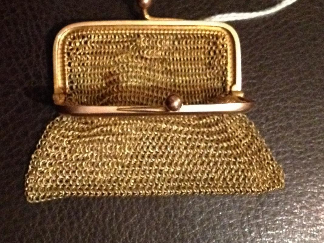 Sg'd Victorian Chatelaine Purse Solid 9t Yellow and Pink Gold Mesh Change Purse Pendant Necklace