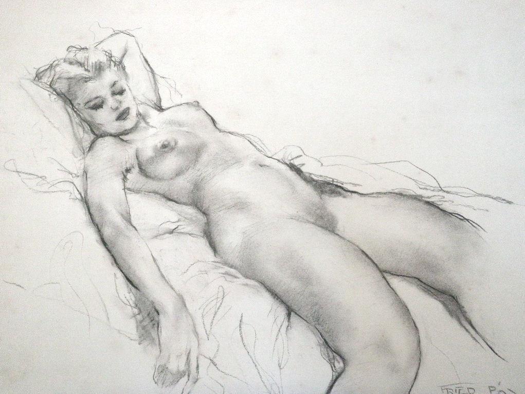 Vintage Art Fried Pal / Pal Friend Reclining Nude Woman in Charcoal and Graphite