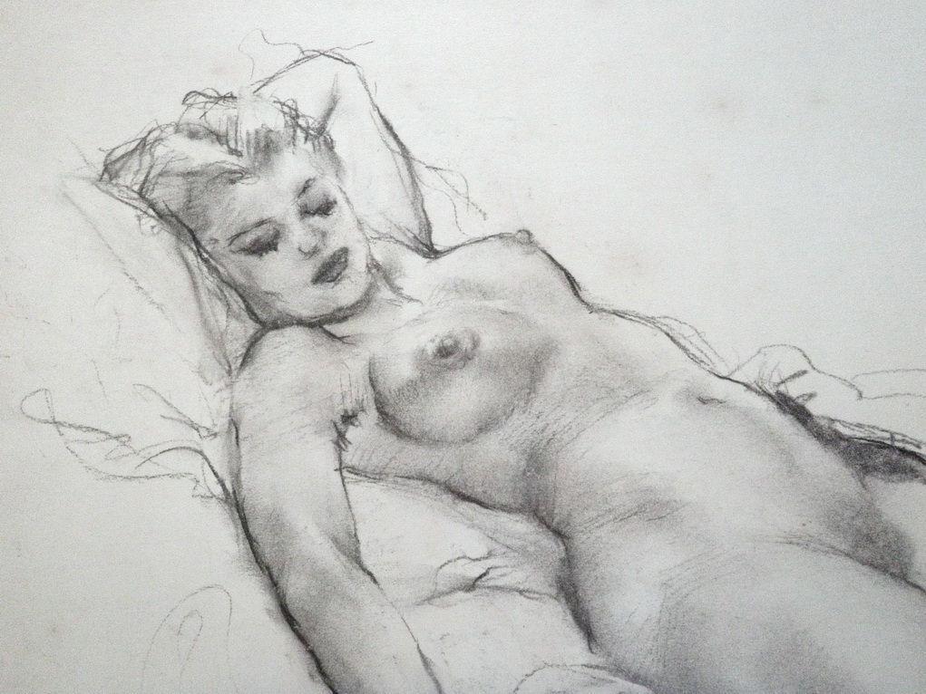 Vintage Art Fried Pal / Pal Friend Reclining Nude Woman in Charcoal and Graphite