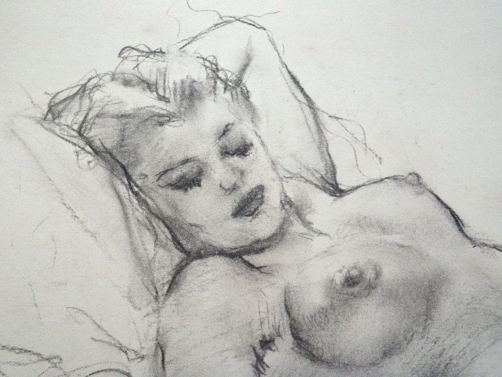 Vintage Art Fried Pal / Pal Friend Reclining Nude Woman in Charcoal and Graphite