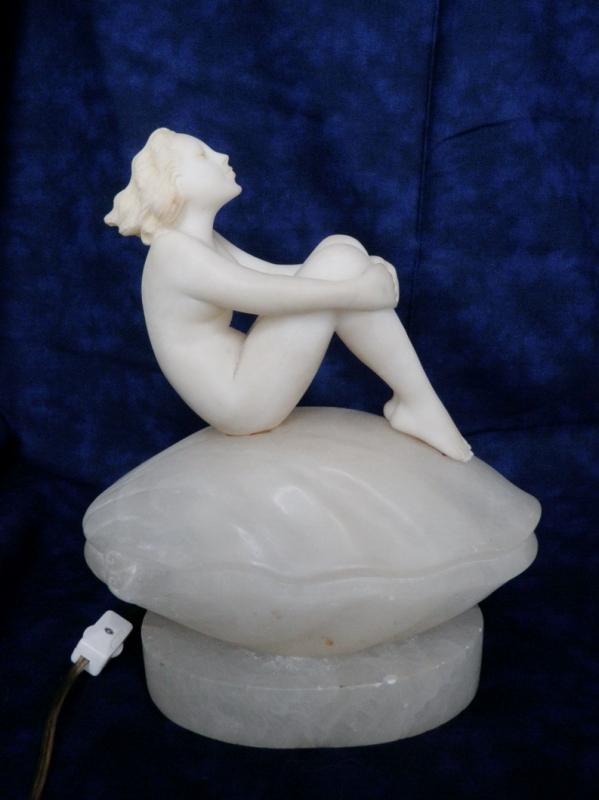 Art Deco Lamp Nude Woman Sitting on Seashell Marble Sculpture c. 1920'sLighting Home Decor