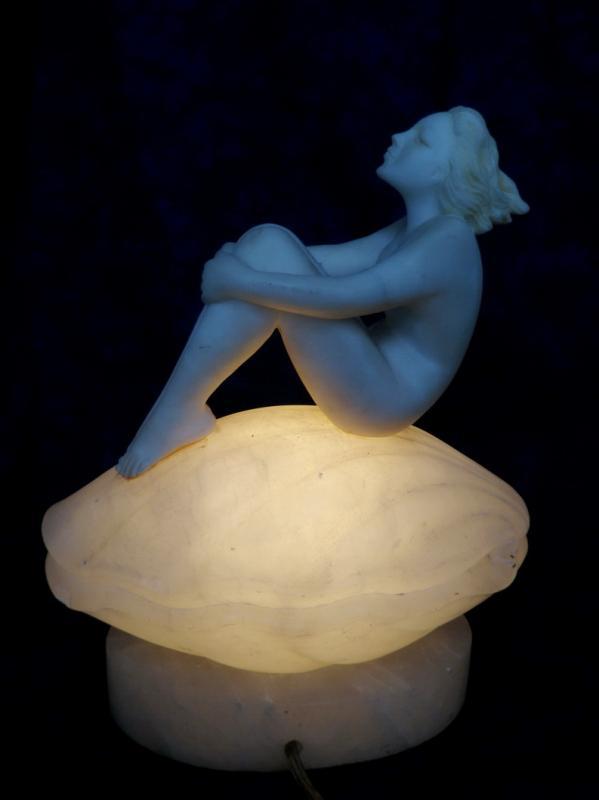 Art Deco Lamp Nude Woman Sitting on Seashell Marble Sculpture c. 1920'sLighting Home Decor