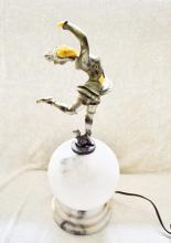 Art Deco Dancer Lamp on Alabster Dome RARE Polychrome Paint, Bone, Celluloid Face, Hands and Belly
