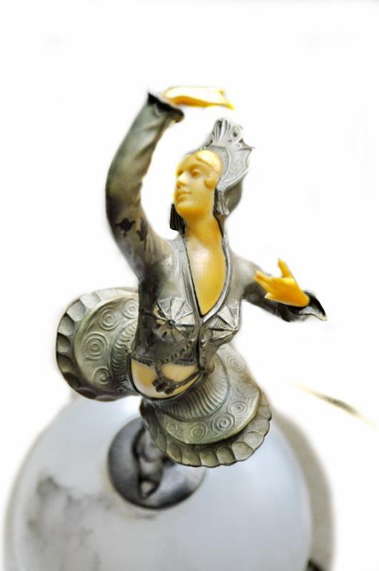 Art Deco Dancer Lamp on Alabster Dome RARE Polychrome Paint, Bone, Celluloid Face, Hands and Belly