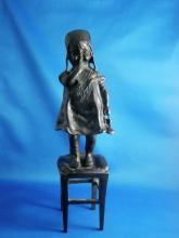 Vintage Bronze Sculpture by Juan Clara Little Girl Standing on a Stool 12 Inches Signed Home Decor