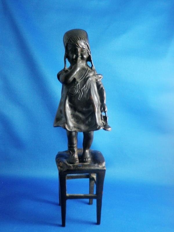 Vintage Bronze Sculpture by Juan Clara Little Girl Standing on a Stool 12 Inches Signed Home Decor