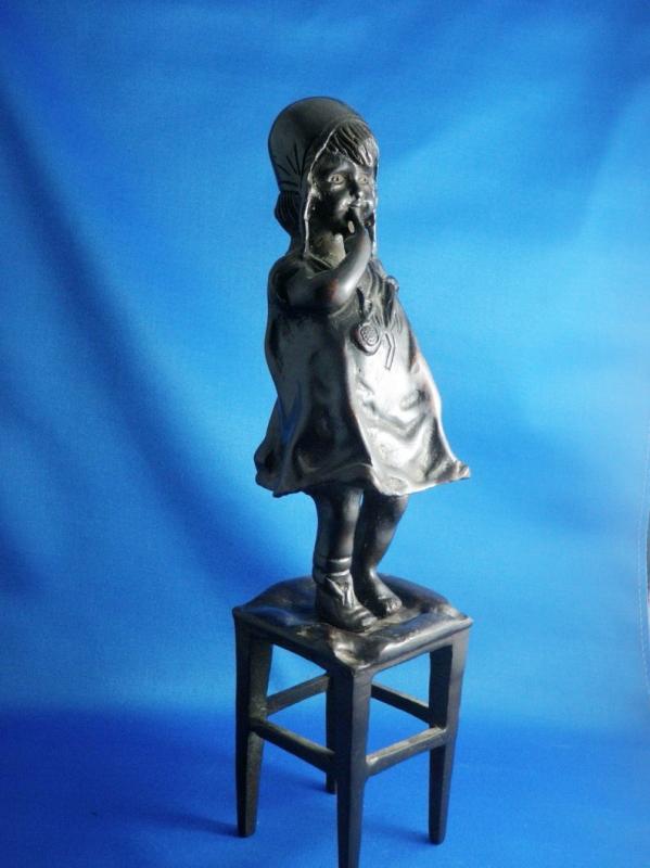 Vintage Bronze Sculpture by Juan Clara Little Girl Standing on a Stool 12 Inches Signed Home Decor