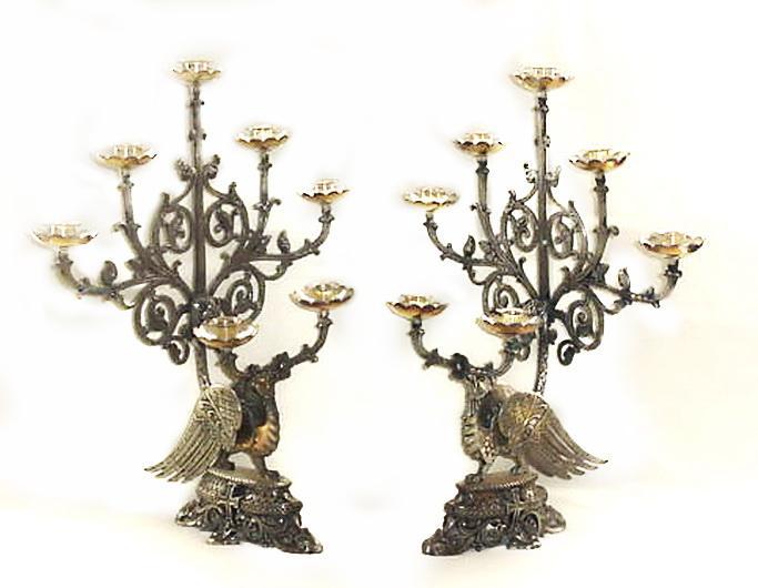 Pair (2) 19th Century Church Candelabra Candle Holders Phoenix, Griffin Crosses VERY RARE