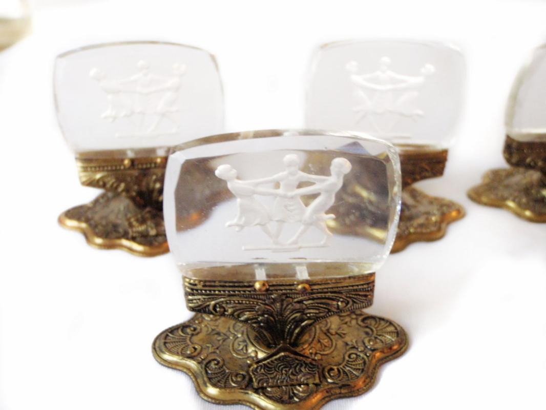 6 Art Deco Dancing Flappers Czech Intaglio Reverse Cameo Crystal Place Card Holders