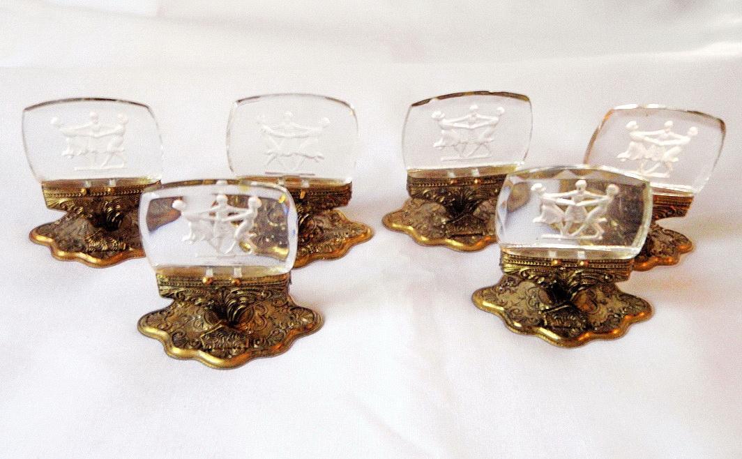 6 Art Deco Dancing Flappers Czech Intaglio Reverse Cameo Crystal Place Card Holders