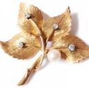 Vintage Brooch 14kt Solid Yellow Gold, Pearl Diamond 60's Vintage Leaf Pin High Fashion Jewelry