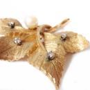 Vintage Brooch 14kt Solid Yellow Gold, Pearl Diamond 60's Vintage Leaf Pin High Fashion Jewelry