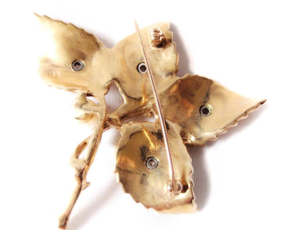 Vintage Brooch 14kt Solid Yellow Gold, Pearl Diamond 60's Vintage Leaf Pin High Fashion Jewelry