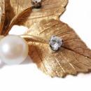Vintage Brooch 14kt Solid Yellow Gold, Pearl Diamond 60's Vintage Leaf Pin High Fashion Jewelry