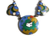 Vintage Necklace Guilloche Multi Coloured Intricately Detailed Enamel Art DecoHarlequin Bubble