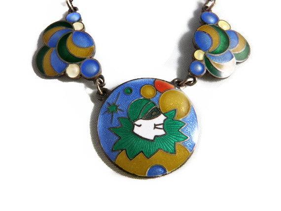 Vintage Necklace Guilloche Multi Coloured Intricately Detailed Enamel Art DecoHarlequin Bubble