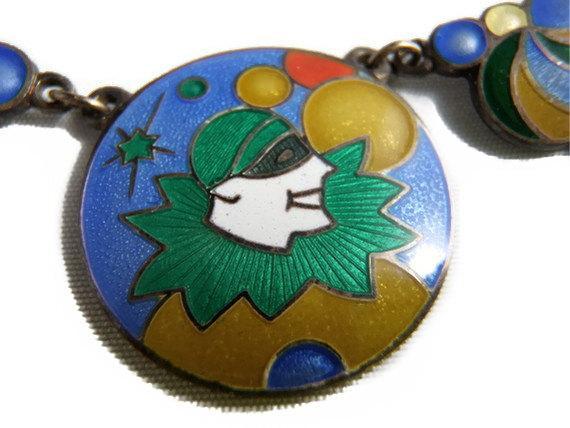 Vintage Necklace Guilloche Multi Coloured Intricately Detailed Enamel Art DecoHarlequin Bubble