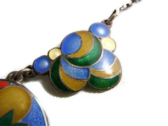 Vintage Necklace Guilloche Multi Coloured Intricately Detailed Enamel Art DecoHarlequin Bubble
