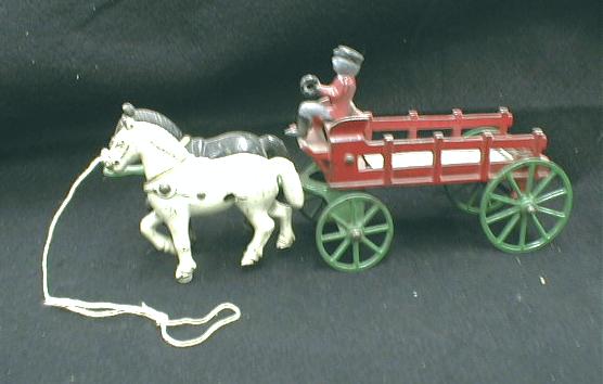 KENTON Horse Stake Wagon & Driver CAST IRON - Antique