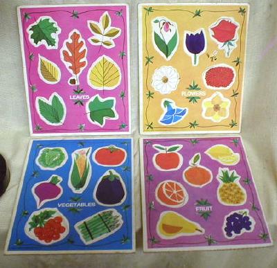 4 Old Nature Puzzles Fruit Leaves Flowers Vegetables