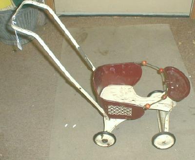Old TURNER Baby Doll Buggy Metal Maroon & Cream Color