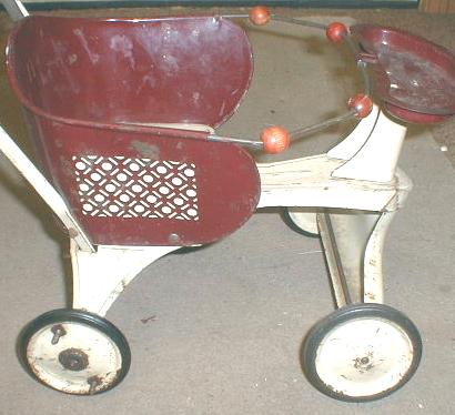 Old TURNER Baby Doll Buggy Metal Maroon & Cream Color