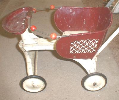 Old TURNER Baby Doll Buggy Metal Maroon & Cream Color
