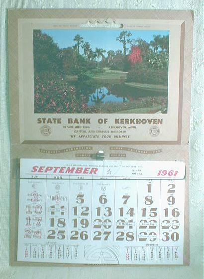 State Bank of Kerkhoven MN Old 1961 Calendar Park Scene