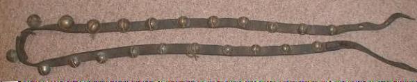 22 BRASS Sleigh Bells on Leather Belt Over 6 Feet Long! - OLD!