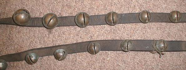 22 BRASS Sleigh Bells on Leather Belt Over 6 Feet Long! - OLD!