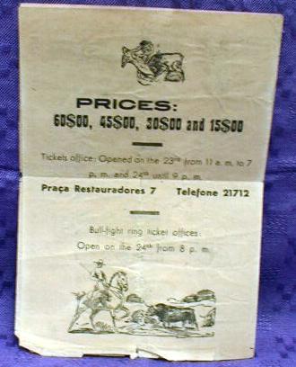 OLD PROGRAM Portuguese Style BULLFIGHT - June 1948