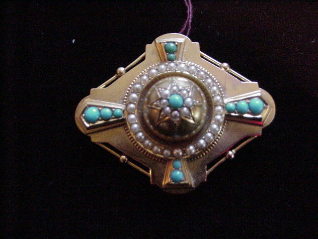 English Turquoise, Pearl & YG Brooch