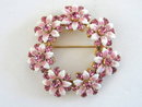 Enamel Flower Pin Pink White Prong Set Rhinestones Vintage Beautiful