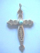 Silver Turquoise Cross, Etched, Navajo, Nice!