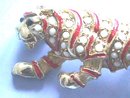 Unique Tiger Pin,Red Ribbon,Wht Stones,Neat!