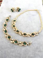 Vintage Green Swirl Set Bracelet Earrings Necklace Crystal 1950s