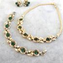Vintage Green Swirl Set Bracelet Earrings Necklace Crystal 1950s