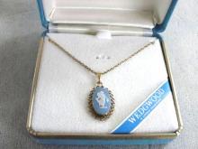 Vintage Wedgwood Cameo Necklace NIB Blue White Filigree