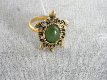Vintage Turtle Ring With Green Stone Cabochon Back