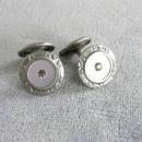 Art Deco Round Cuff Links Textured Rhinestone Mother of Pearl Insert