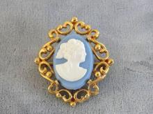 Blue White Cameo Pin Scroll Work Setting Prong Vintage