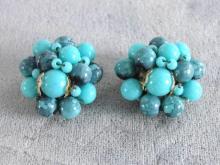 Blue Beaded Earrings Vintage Signed Robin's Egg Blues Plus
