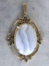 Large Blue Lace Agate Pendant Foilage Accents Prong Set Vintage