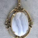 Large Blue Lace Agate Pendant Foilage Accents Prong Set Vintage