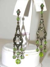 Green Crystal Drop Earrings Pierced Posts Vintage Rhinestones Over 2.5 Inches Long