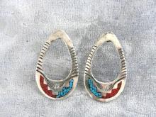 Native American Hoop Earrings Sterling Turquoise Red Coral Large