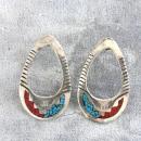Native American Hoop Earrings Sterling Turquoise Red Coral Large
