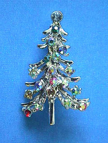 Christmas Tree Pin,Silver,Multi Color R/Ss,Vint